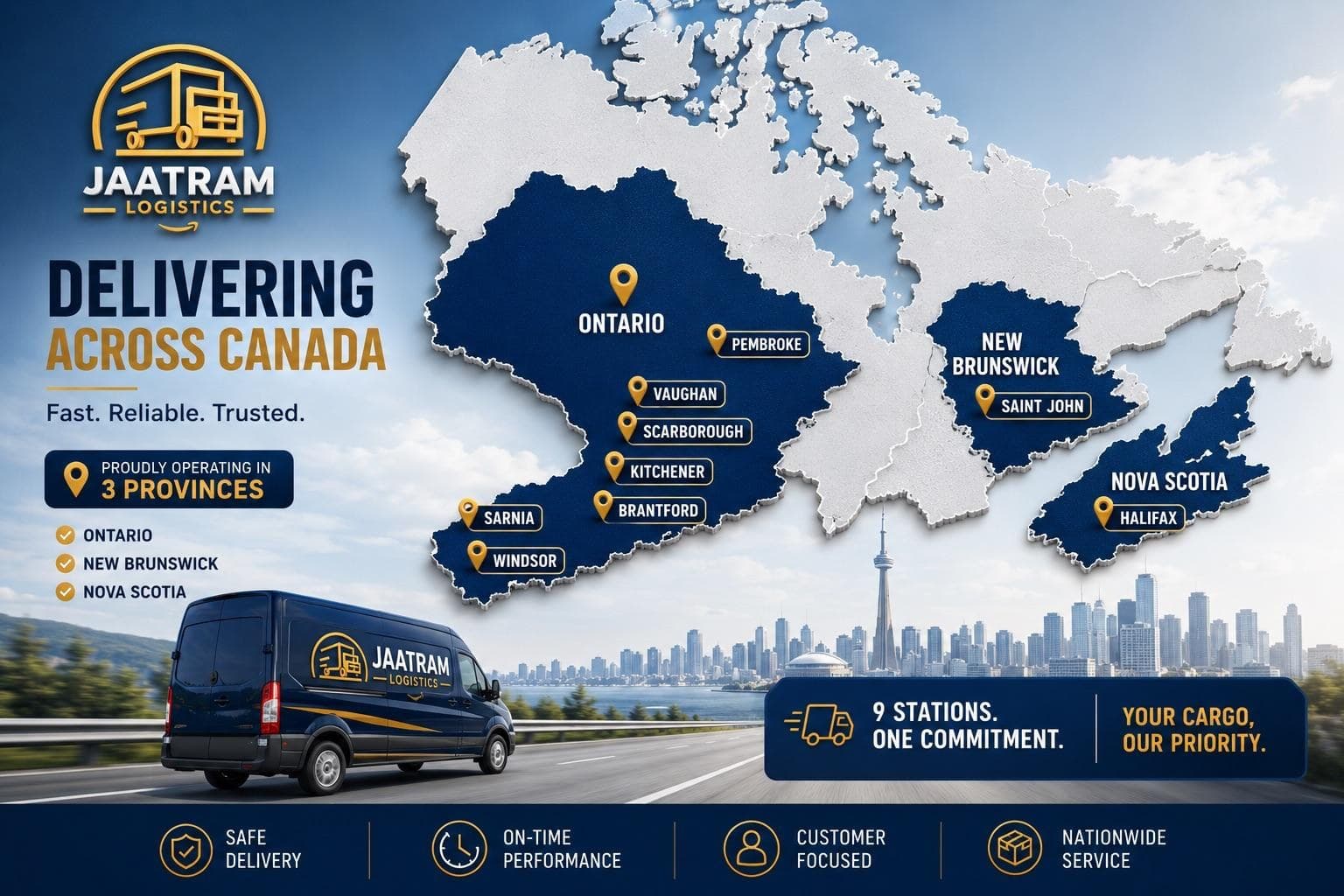 Map of Jaatram Logistics delivery coverage: Ontario, Nova Scotia and New Brunswick, with station pins in Windsor, Sarnia, Kitchener, Brantford, Scarborough, Vaughan, Pembroke, Saint John and Halifax
